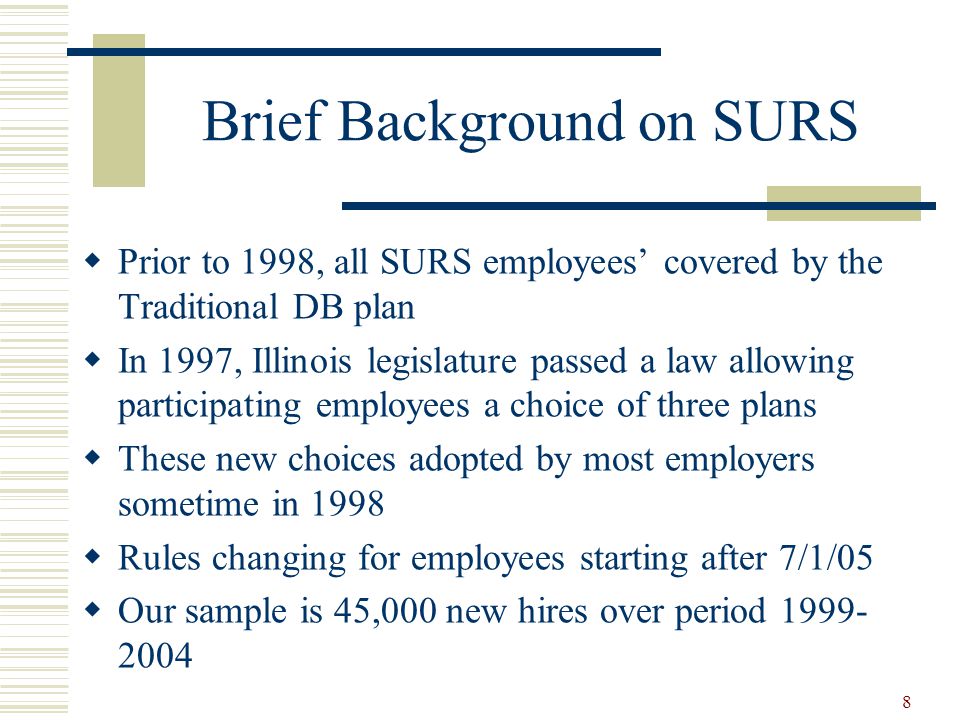 8 Brief Background on SURS  Prior to 1998, all SURS employees’ covered by the Traditional DB plan  In 1997, Illinois legislature passed a law allowing participating employees a choice of three plans  These new choices adopted by most employers sometime in 1998  Rules changing for employees starting after 7/1/05  Our sample is 45,000 new hires over period
