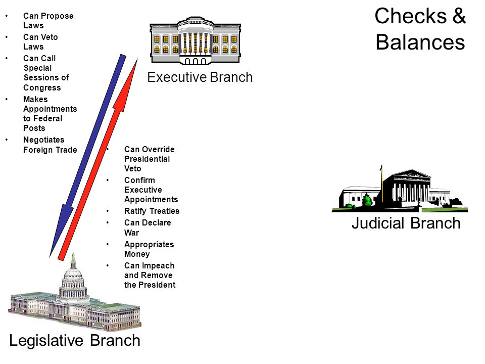 Executive Branch Judicial Branch Legislative Branch Can Propose Laws Can Veto Laws Can Call Special Sessions of Congress Makes Appointments to Federal Posts Negotiates Foreign Trade Can Override Presidential Veto Confirm Executive Appointments Ratify Treaties Can Declare War Appropriates Money Can Impeach and Remove the President Checks & Balances