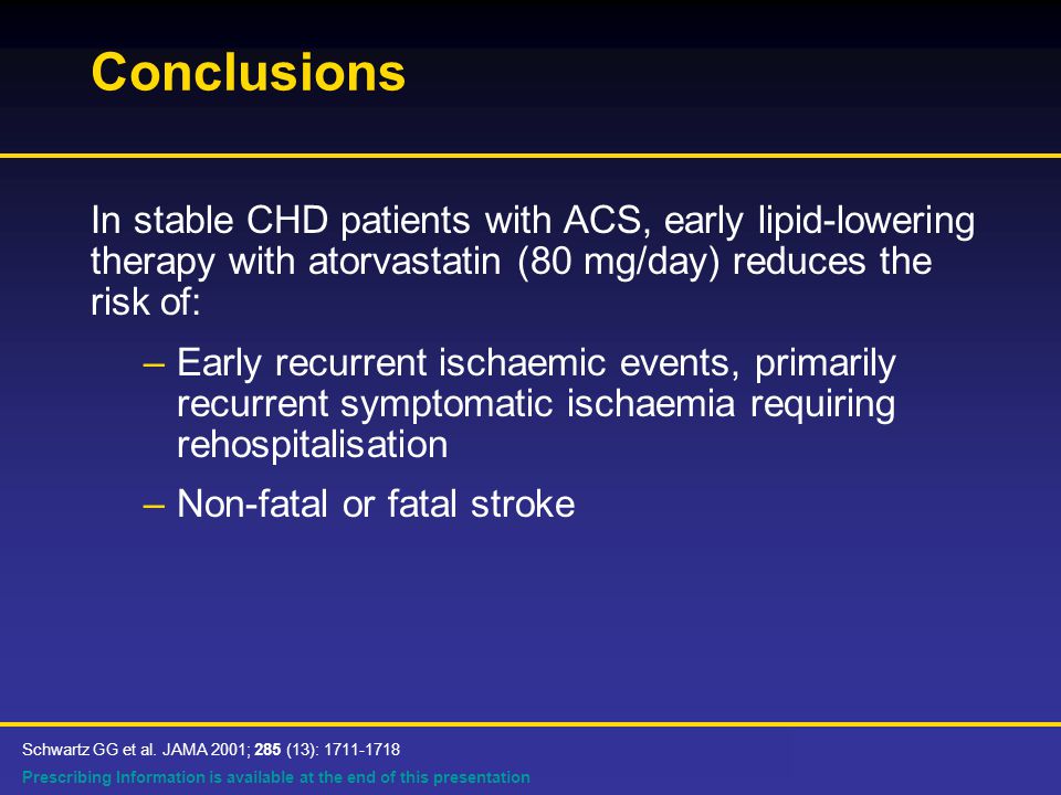 Prescribing Information is available at the end of this presentation Conclusions In stable CHD patients with ACS, early lipid-lowering therapy with atorvastatin (80 mg/day) reduces the risk of: –Early recurrent ischaemic events, primarily recurrent symptomatic ischaemia requiring rehospitalisation –Non-fatal or fatal stroke Schwartz GG et al.