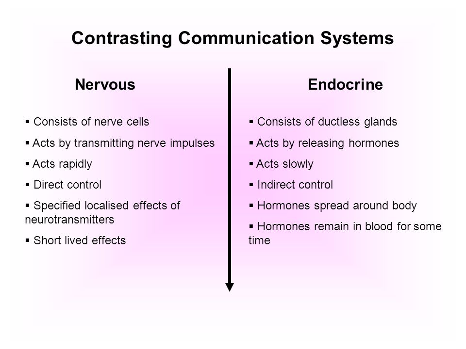 Contrasting Communication Systems NervousEndocrine  Consists of nerve cells  Acts by transmitting nerve impulses  Acts rapidly  Direct control  Specified localised effects of neurotransmitters  Short lived effects  Consists of ductless glands  Acts by releasing hormones  Acts slowly  Indirect control  Hormones spread around body  Hormones remain in blood for some time