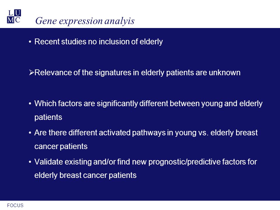 FOCUS Gene expression analyis Recent studies no inclusion of elderly  Relevance of the signatures in elderly patients are unknown Which factors are significantly different between young and elderly patients Are there different activated pathways in young vs.