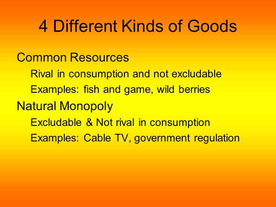 4 Different Kinds of Goods Common Resources Rival in consumption and not excludable Examples: fish and game, wild berries Natural Monopoly Excludable & Not rival in consumption Examples: Cable TV, government regulation
