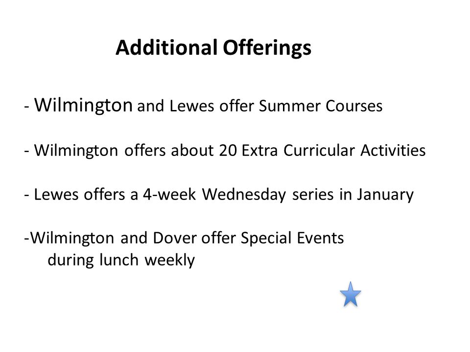 - Wilmington and Lewes offer Summer Courses - Wilmington offers about 20 Extra Curricular Activities - Lewes offers a 4-week Wednesday series in January -Wilmington and Dover offer Special Events during lunch weekly Additional Offerings