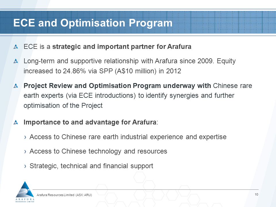 Arafura Resources Limited (ASX: ARU) ECE and Optimisation Program ECE is a strategic and important partner for Arafura Long-term and supportive relationship with Arafura since 2009.