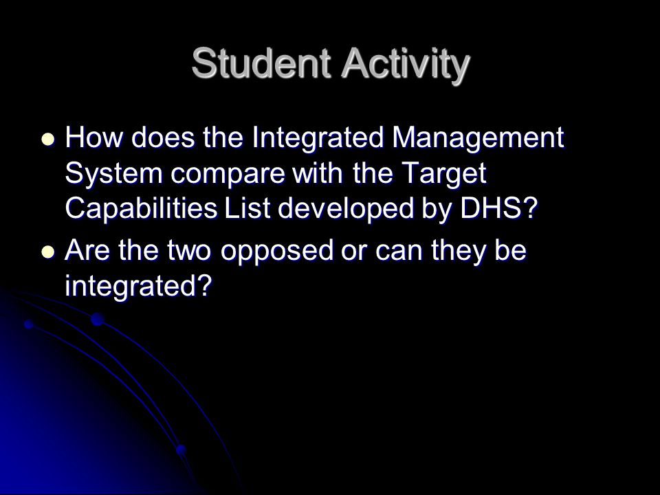 Student Activity How does the Integrated Management System compare with the Target Capabilities List developed by DHS.