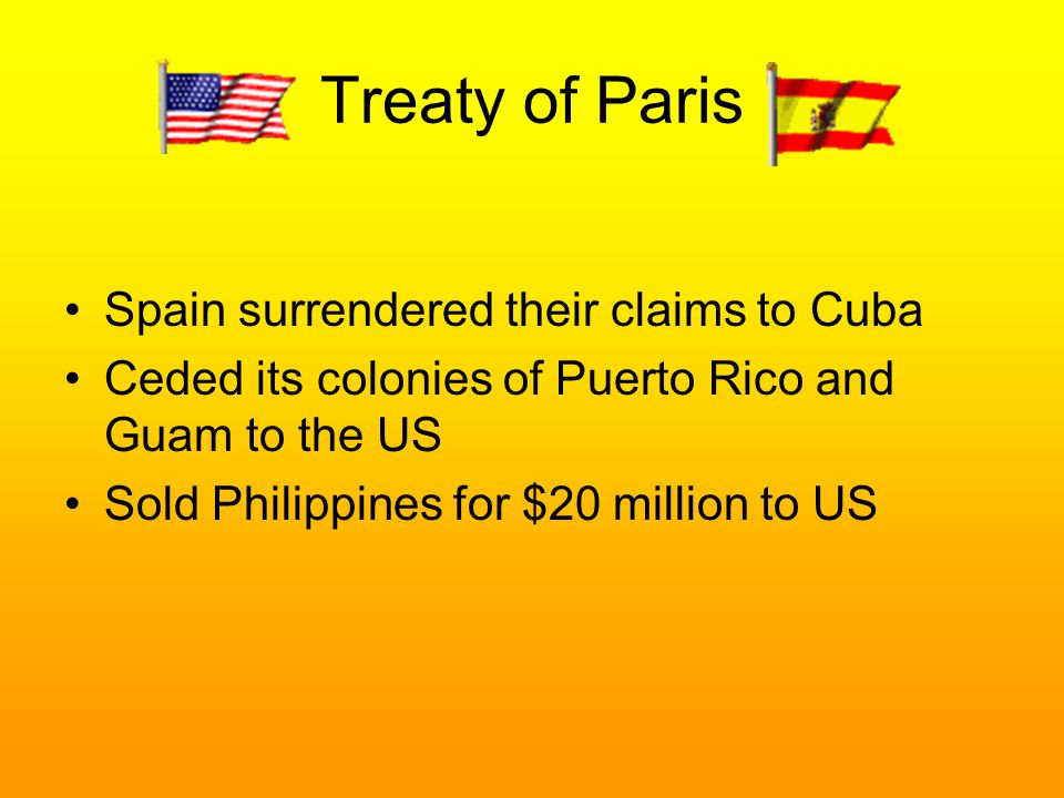 Treaty of Paris Spain surrendered their claims to Cuba Ceded its colonies of Puerto Rico and Guam to the US Sold Philippines for $20 million to US