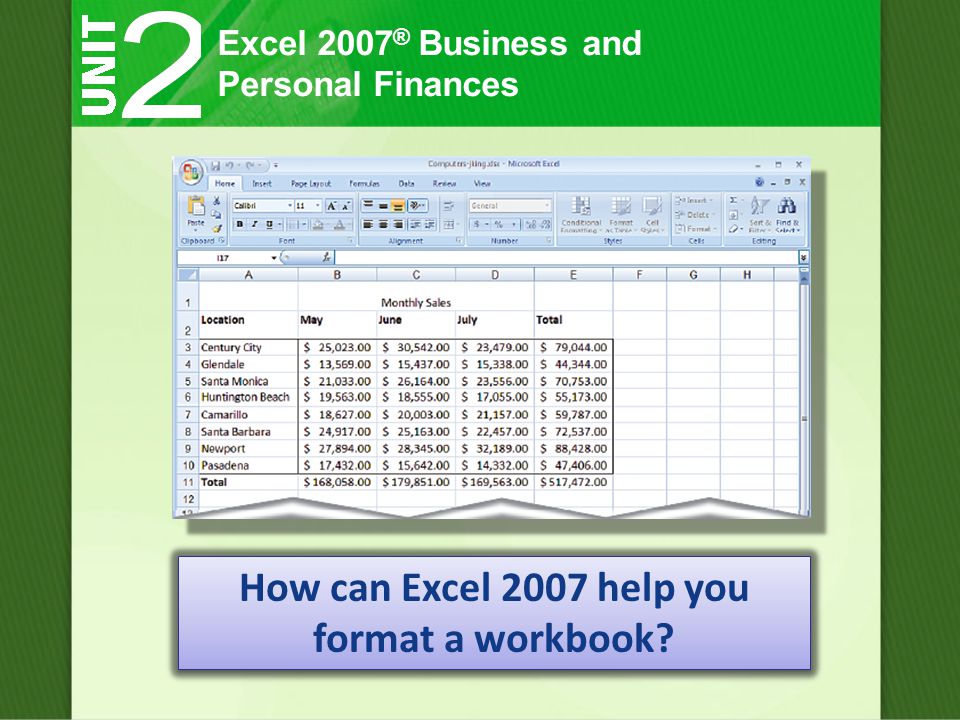 Excel 2007 ® Business and Personal Finances How can Excel 2007 help you format a workbook