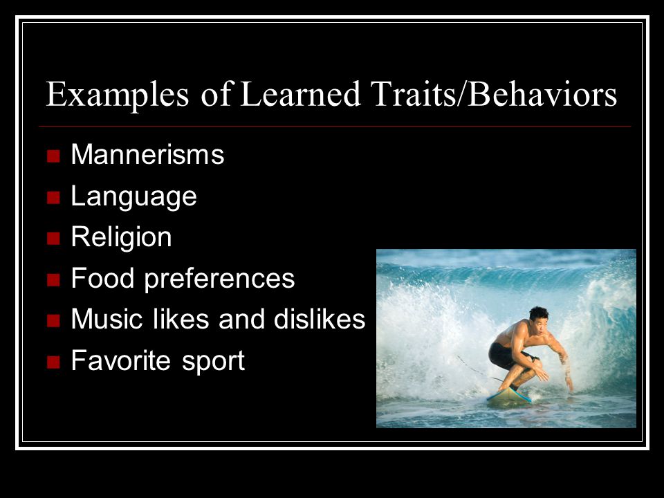 Examples of Learned Traits/Behaviors Mannerisms Language Religion Food preferences Music likes and dislikes Favorite sport