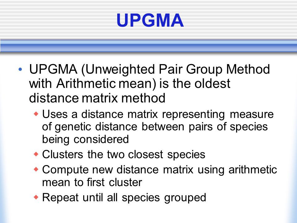 UPGMA UPGMA (Unweighted Pair Group Method with Arithmetic mean) is the oldest distance matrix method  Uses a distance matrix representing measure of genetic distance between pairs of species being considered  Clusters the two closest species  Compute new distance matrix using arithmetic mean to first cluster  Repeat until all species grouped