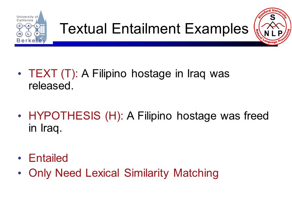 Textual Entailment Examples TEXT (T): A Filipino hostage in Iraq was released.