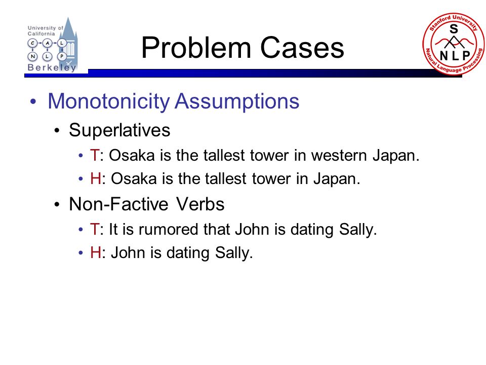 Problem Cases Monotonicity Assumptions Superlatives T: Osaka is the tallest tower in western Japan.