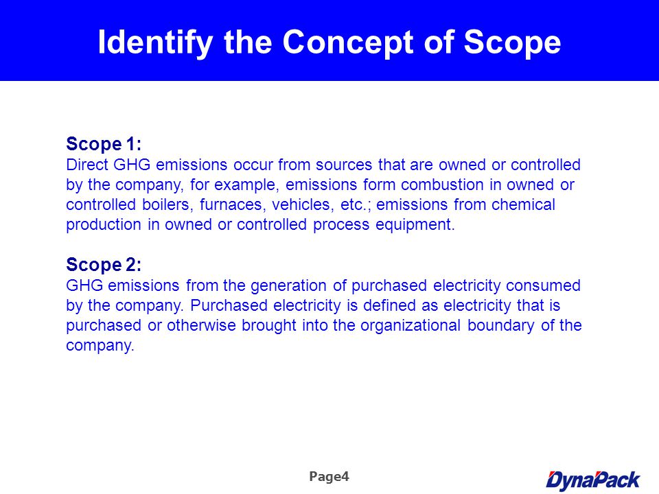 Page4 Identify the Concept of Scope Scope 1: Direct GHG emissions occur from sources that are owned or controlled by the company, for example, emissions form combustion in owned or controlled boilers, furnaces, vehicles, etc.; emissions from chemical production in owned or controlled process equipment.