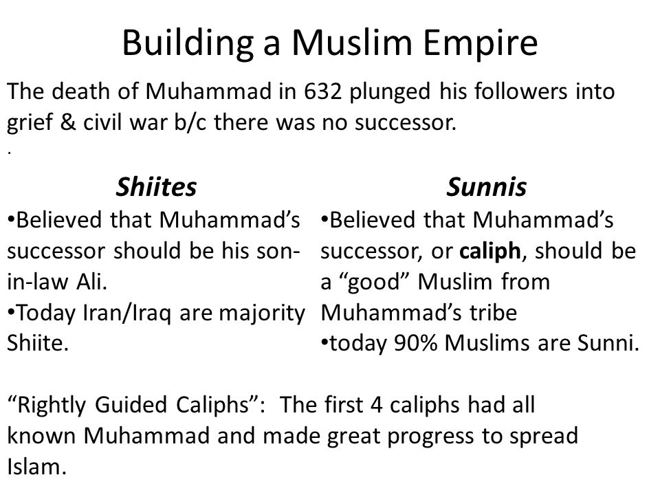 Building a Muslim Empire The death of Muhammad in 632 plunged his followers into grief & civil war b/c there was no successor..