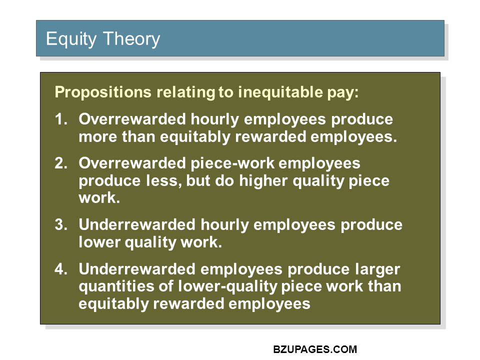 BZUPAGES.COM Equity Theory Propositions relating to inequitable pay: 1.Overrewarded hourly employees produce more than equitably rewarded employees.