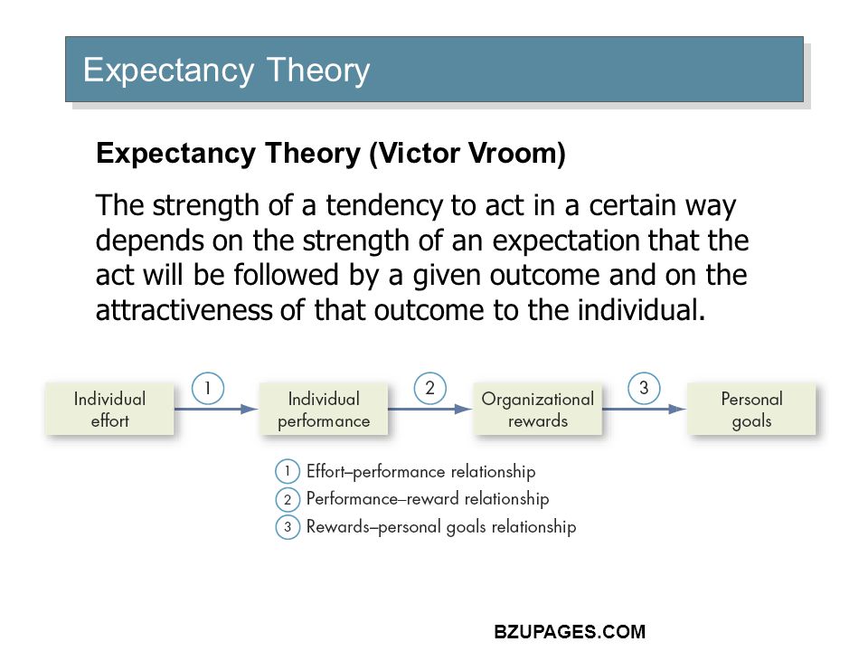 BZUPAGES.COM Expectancy Theory Expectancy Theory (Victor Vroom) The strength of a tendency to act in a certain way depends on the strength of an expectation that the act will be followed by a given outcome and on the attractiveness of that outcome to the individual.