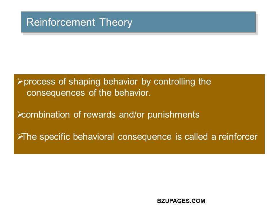 BZUPAGES.COM Reinforcement Theory  process of shaping behavior by controlling the consequences of the behavior.