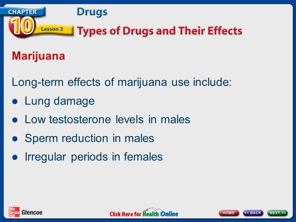 Marijuana Long-term effects of marijuana use include: Lung damage Low testosterone levels in males Sperm reduction in males Irregular periods in females