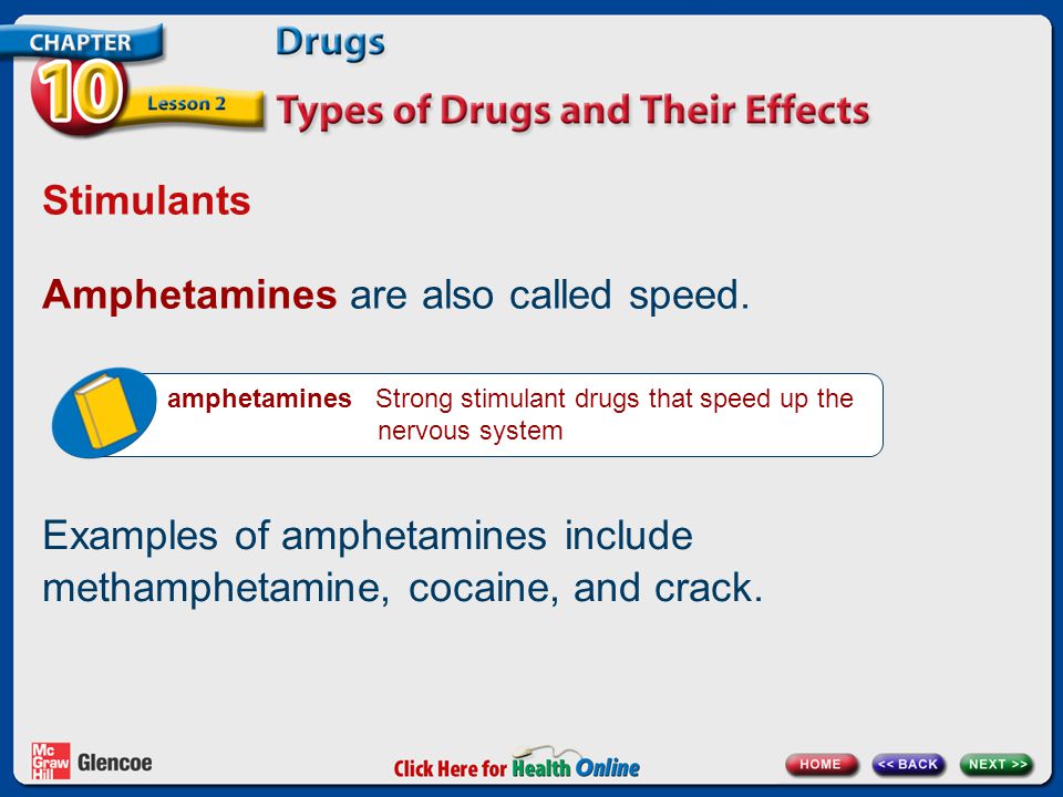 Stimulants Amphetamines are also called speed.