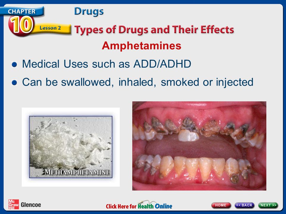 Amphetamines Medical Uses such as ADD/ADHD Can be swallowed, inhaled, smoked or injected