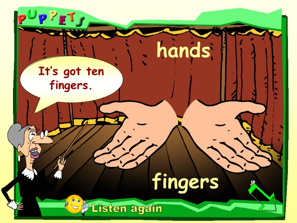 hands fingers It’s got two hands. It’s got ten fingers.