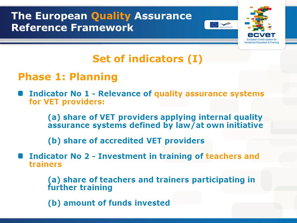 The European Quality Assurance Reference Framework Set of indicators (I) Phase 1: Planning Indicator No 1 - Relevance of quality assurance systems for VET providers: (a) share of VET providers applying internal quality assurance systems defined by law/at own initiative (b) share of accredited VET providers Indicator No 2 - Investment in training of teachers and trainers (a) share of teachers and trainers participating in further training (b) amount of funds invested