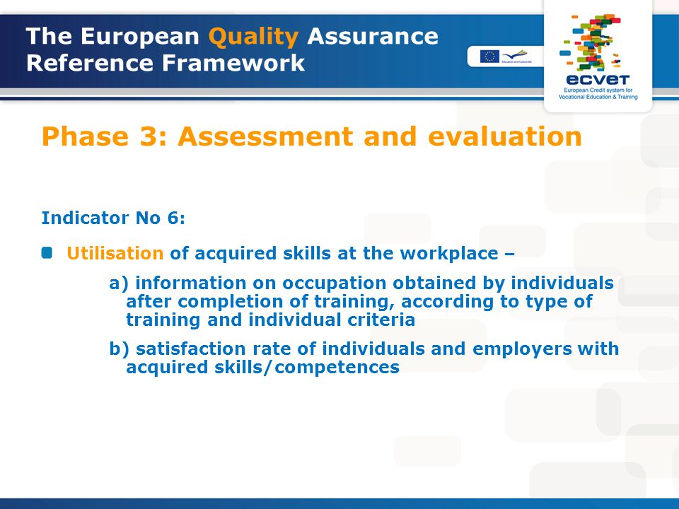 The European Quality Assurance Reference Framework Phase 3: Assessment and evaluation Indicator No 6: Utilisation of acquired skills at the workplace – a) information on occupation obtained by individuals after completion of training, according to type of training and individual criteria b) satisfaction rate of individuals and employers with acquired skills/competences