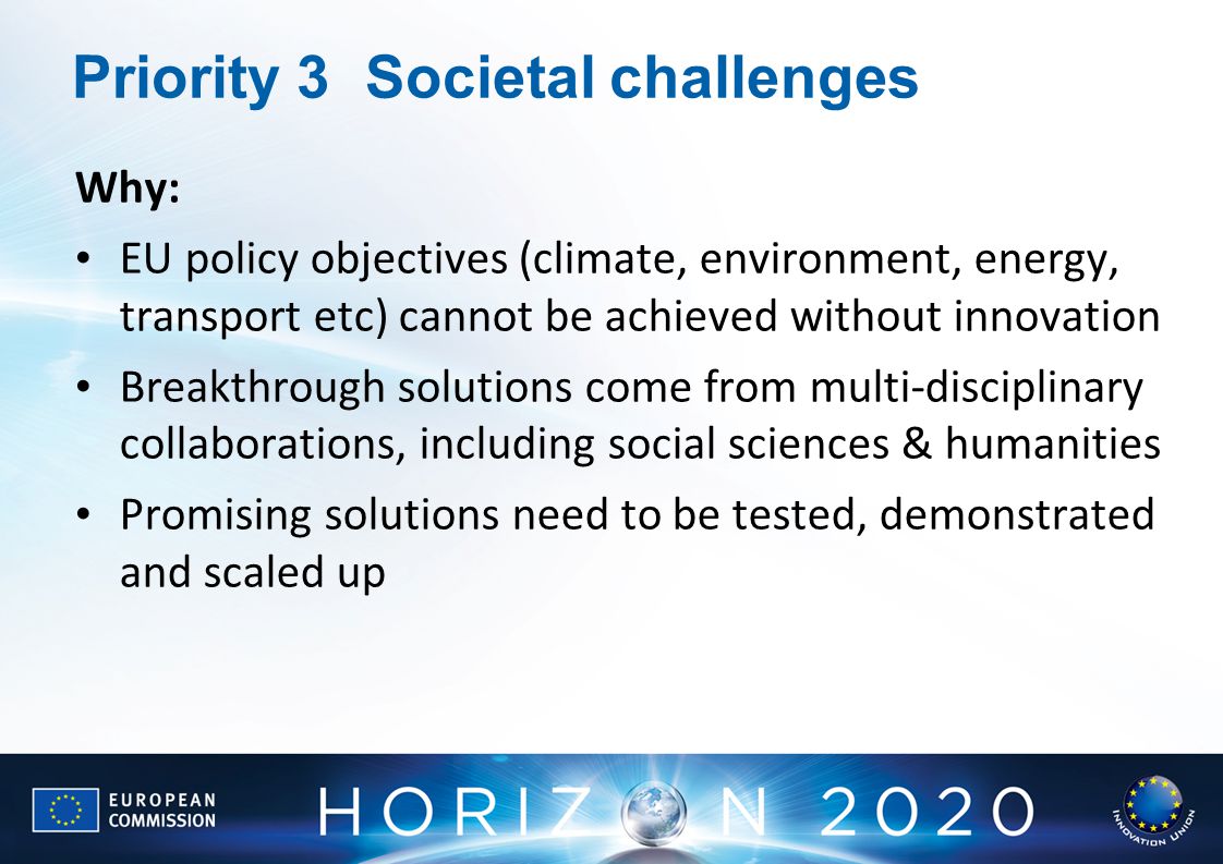 Priority 3Societal challenges Why: EU policy objectives (climate, environment, energy, transport etc) cannot be achieved without innovation Breakthrough solutions come from multi-disciplinary collaborations, including social sciences & humanities Promising solutions need to be tested, demonstrated and scaled up
