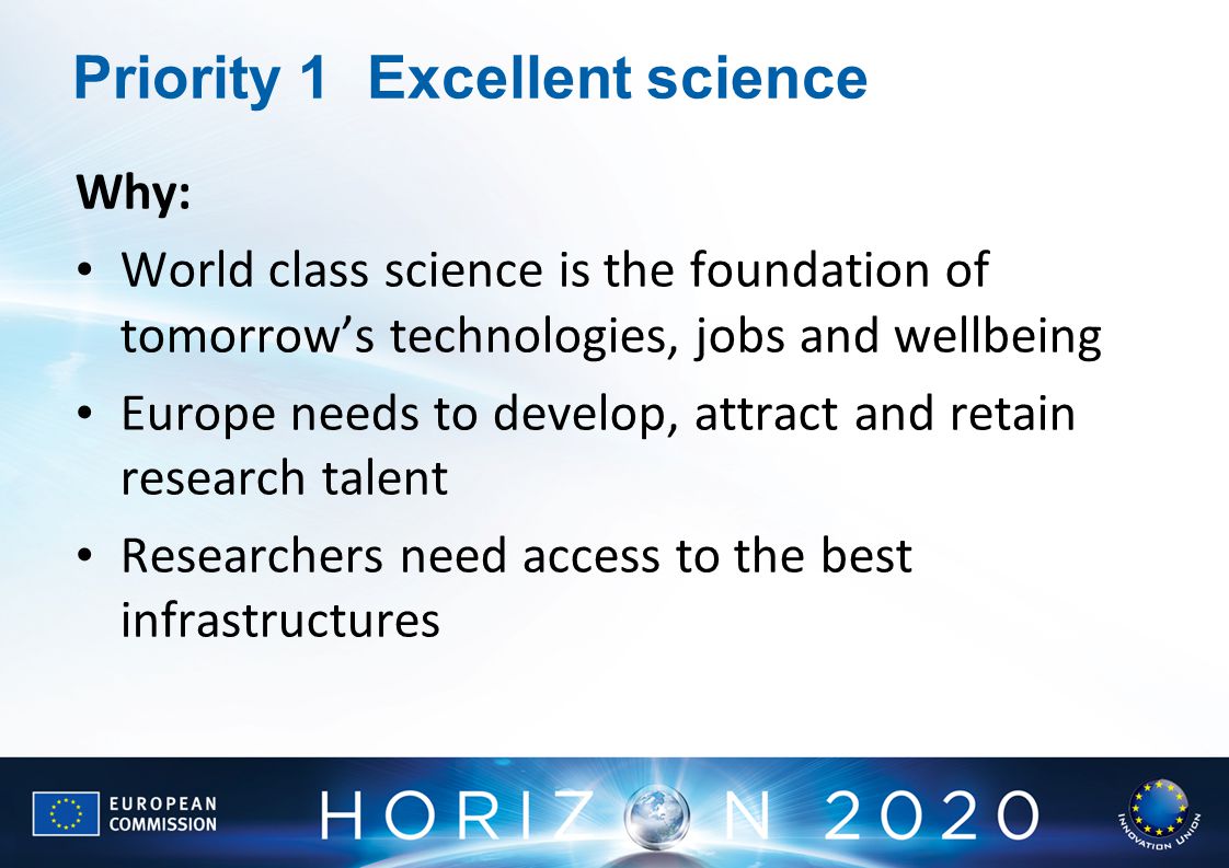 Priority 1Excellent science Why: World class science is the foundation of tomorrow’s technologies, jobs and wellbeing Europe needs to develop, attract and retain research talent Researchers need access to the best infrastructures