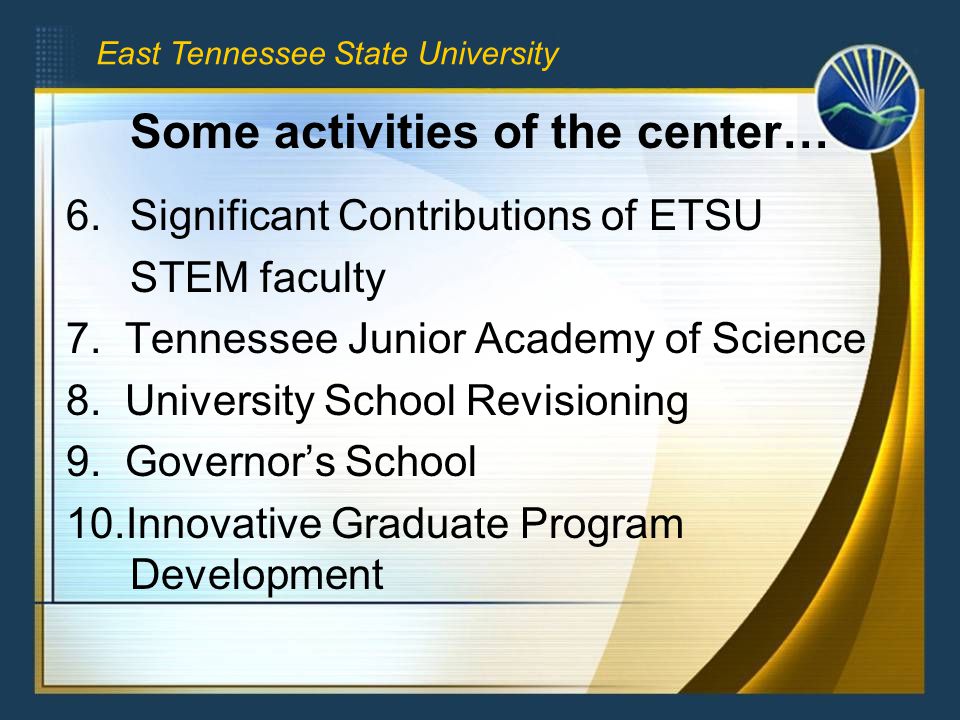 6.Significant Contributions of ETSU STEM faculty 7.