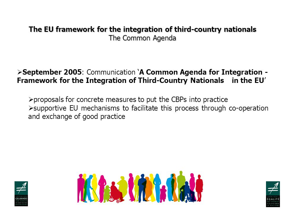 The EU framework for the integration of third-country nationals The Common Agenda  September 2005: Communication ‘A Common Agenda for Integration - Framework for the Integration of Third-Country Nationals in the EU’  proposals for concrete measures to put the CBPs into practice  supportive EU mechanisms to facilitate this process through co-operation and exchange of good practice