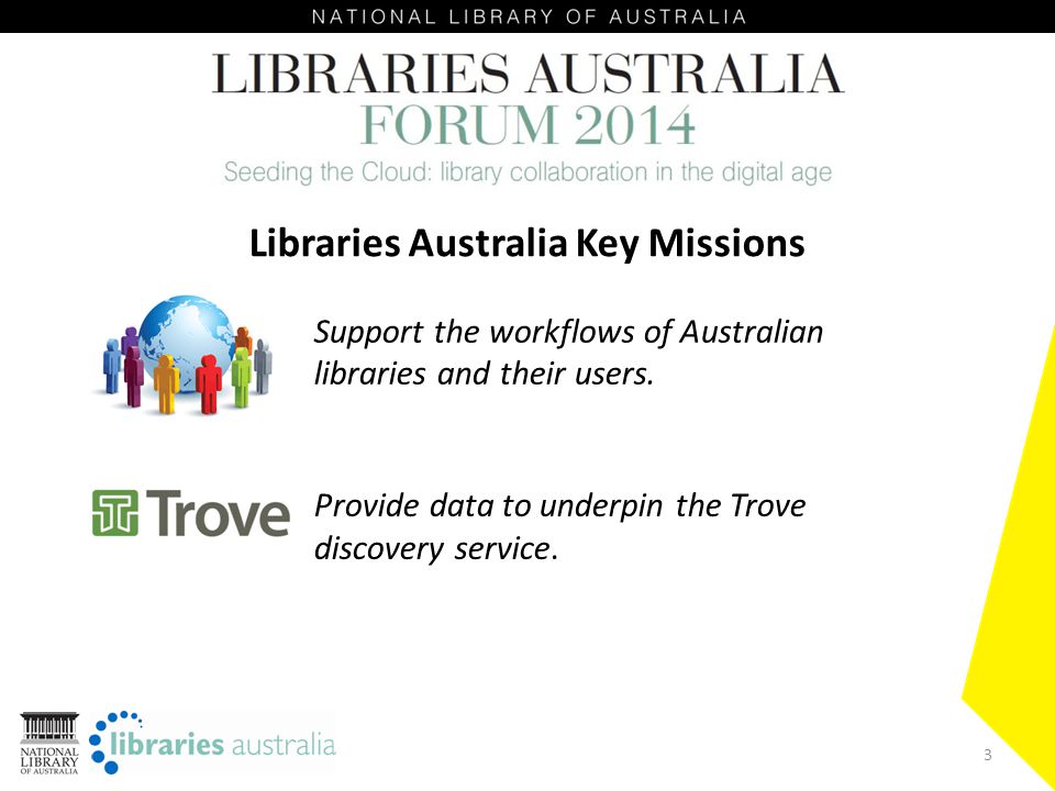3 Libraries Australia Key Missions Support the workflows of Australian libraries and their users.