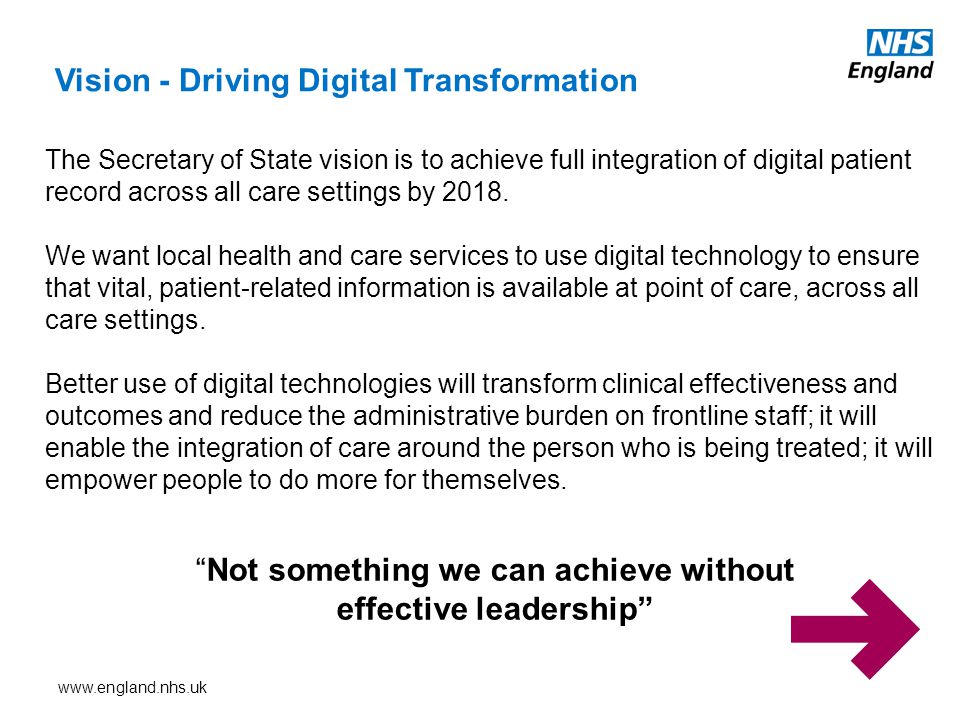Vision - Driving Digital Transformation The Secretary of State vision is to achieve full integration of digital patient record across all care settings by 2018.