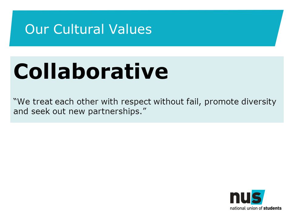 Our Cultural Values Collaborative We treat each other with respect without fail, promote diversity and seek out new partnerships.