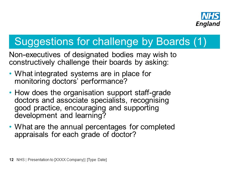 Suggestions for challenge by Boards (1) Non-executives of designated bodies may wish to constructively challenge their boards by asking: What integrated systems are in place for monitoring doctors’ performance.