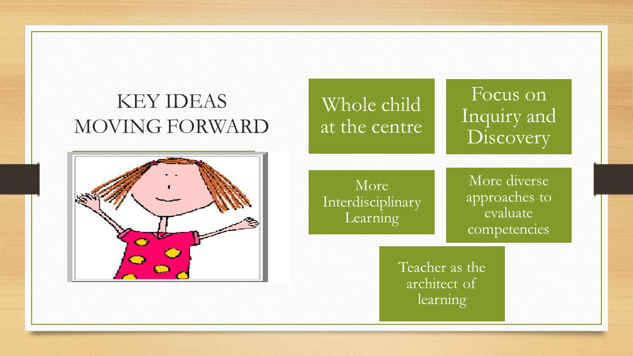 KEY IDEAS MOVING FORWARD Whole child at the centre Focus on Inquiry and Discovery More Interdisciplinary Learning More diverse approaches to evaluate competencies Teacher as the architect of learning