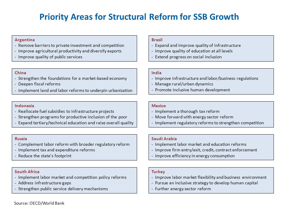 Priority Areas for Structural Reform for SSB Growth Argentina - Remove barriers to private investment and competition - Improve agricultural productivity and diversify exports - Improve quality of public services Brazil - Expand and improve quality of infrastructure - Improve quality of education at all levels - Extend progress on social inclusion China - Strengthen the foundations for a market-based economy - Deepen fiscal reforms - Implement land and labor reforms to underpin urbanization India - Improve infrastructure and labor/business regulations - Manage rural/urban dynamics - Promote inclusive human development Indonesia - Reallocate fuel subsidies to infrastructure projects - Strengthen programs for productive inclusion of the poor - Expand tertiary/technical education and raise overall quality Mexico - Implement a thorough tax reform - Move forward with energy sector reform - Implement regulatory reforms to strengthen competition Russia - Complement labor reform with broader regulatory reform - Implement tax and expenditure reforms - Reduce the state s footprint South Africa - Implement labor market and competition policy reforms - Address infrastructure gaps - Strengthen public service delivery mechanisms Turkey - Improve labor market flexibility and business environment - Pursue an inclusive strategy to develop human capital - Further energy sector reform Saudi Arabia - Implement labor market and education reforms - Improve firm entry/exit, credit, contract enforcement - Improve efficiency in energy consumption Source: OECD/World Bank