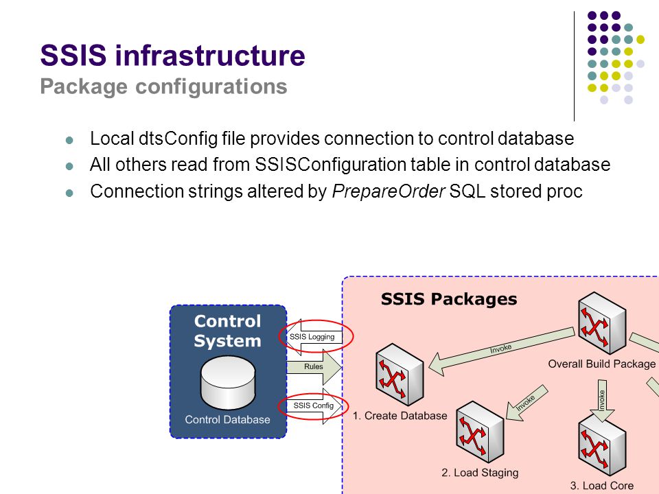 SSIS infrastructure Package configurations Local dtsConfig file provides co...