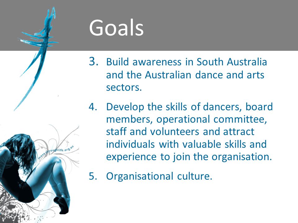 Goals 3. Build awareness in South Australia and the Australian dance and arts sectors.
