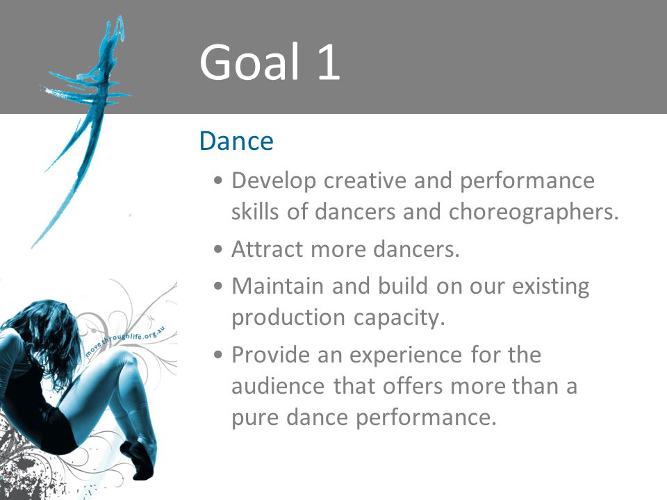 Goal 1 Dance Develop creative and performance skills of dancers and choreographers.