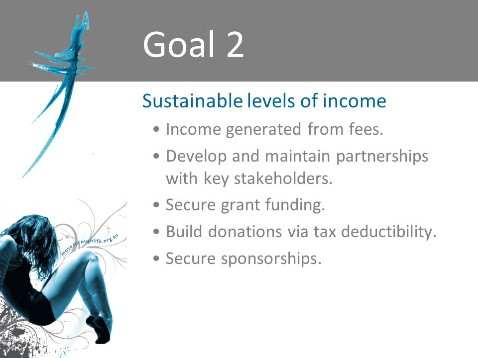 Goal 2 Sustainable levels of income Income generated from fees.