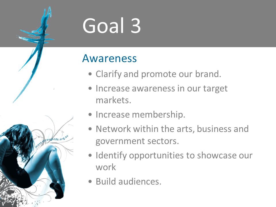 Goal 3 Awareness Clarify and promote our brand. Increase awareness in our target markets.
