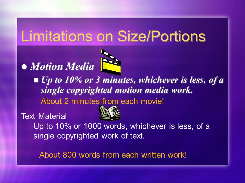 Limitations on Size/Portions Motion Media Up to 10% or 3 minutes, whichever is less, of a single copyrighted motion media work.