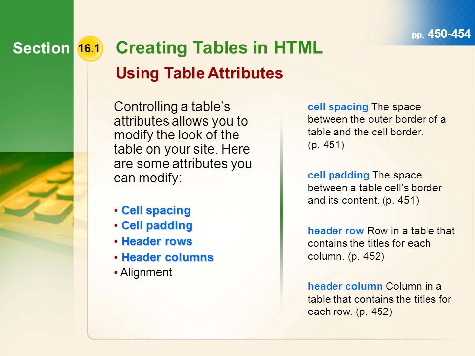 Section 16.1 Creating Tables in HTML Using Table Attributes Controlling a table’s attributes allows you to modify the look of the table on your site.
