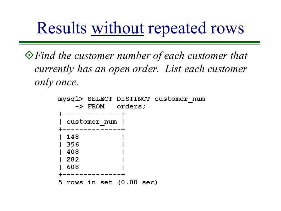 Results without repeated rows  Find the customer number of each customer that currently has an open order.