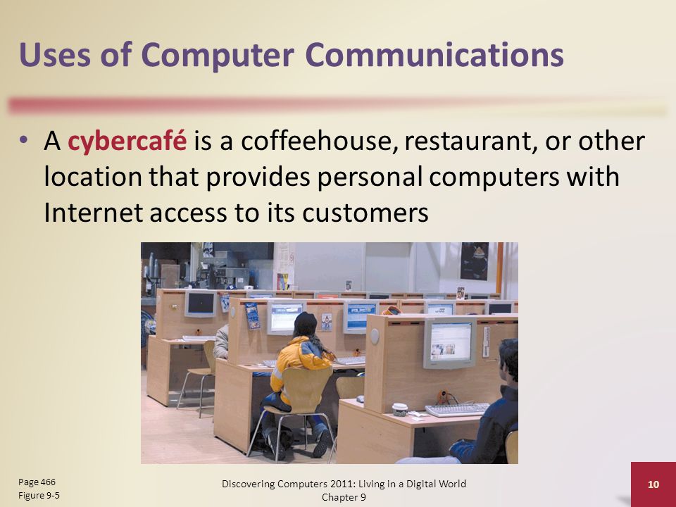 Uses of Computer Communications A cybercafé is a coffeehouse, restaurant, or other location that provides personal computers with Internet access to its customers Discovering Computers 2011: Living in a Digital World Chapter 9 10 Page 466 Figure 9-5