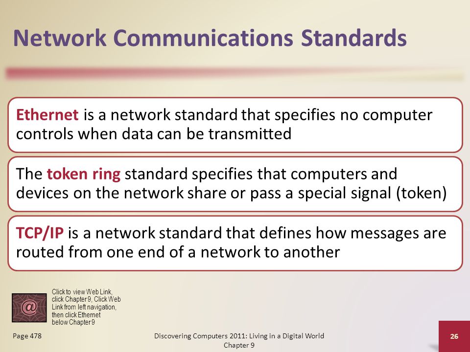Network Communications Standards Ethernet is a network standard that specifies no computer controls when data can be transmitted The token ring standard specifies that computers and devices on the network share or pass a special signal (token) TCP/IP is a network standard that defines how messages are routed from one end of a network to another Discovering Computers 2011: Living in a Digital World Chapter 9 26 Page 478 Click to view Web Link, click Chapter 9, Click Web Link from left navigation, then click Ethernet below Chapter 9