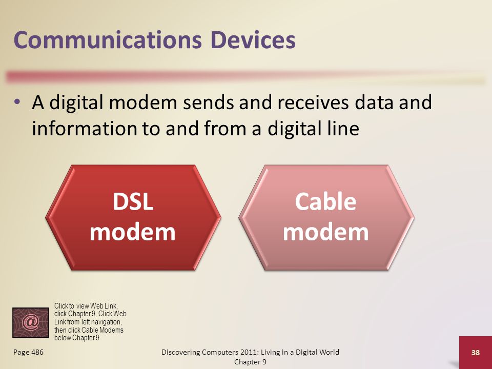 Communications Devices A digital modem sends and receives data and information to and from a digital line Discovering Computers 2011: Living in a Digital World Chapter 9 38 Page 486 DSL modem Cable modem Click to view Web Link, click Chapter 9, Click Web Link from left navigation, then click Cable Modems below Chapter 9