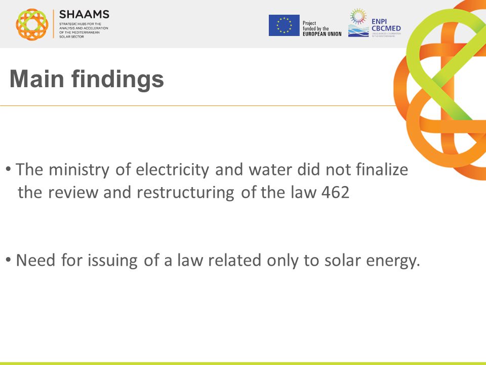 Main findings The ministry of electricity and water did not finalize the review and restructuring of the law 462 Need for issuing of a law related only to solar energy.