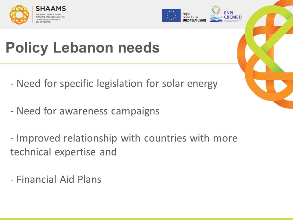 Policy Lebanon needs - Need for specific legislation for solar energy - Need for awareness campaigns - Improved relationship with countries with more technical expertise and - Financial Aid Plans
