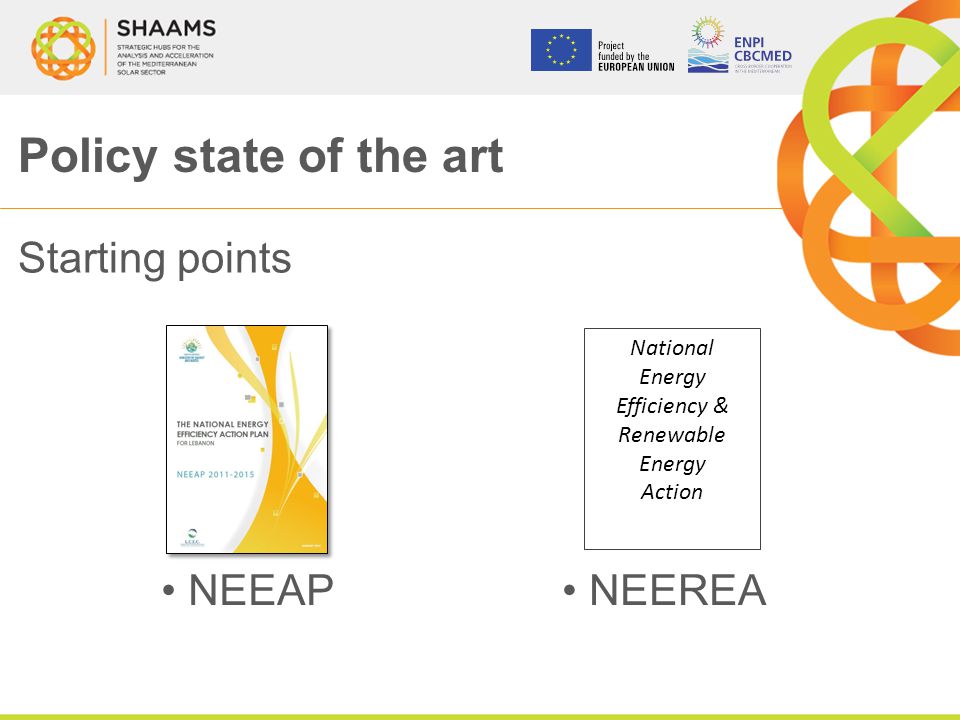 Starting points Policy state of the art NEEAP NEEREA National Energy Efficiency & Renewable Energy Action